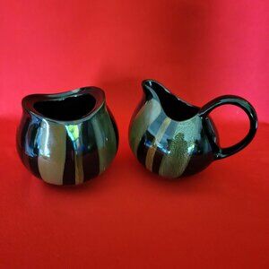 Sango Avanti Black Creamer and Sugar Set Ceramic Drip Glaze Mid Century Modern B